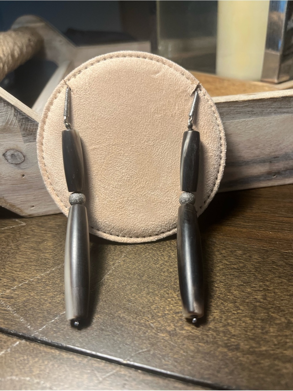 Brunello Cucinelli Horn and Sterling Silver long hook earrings.